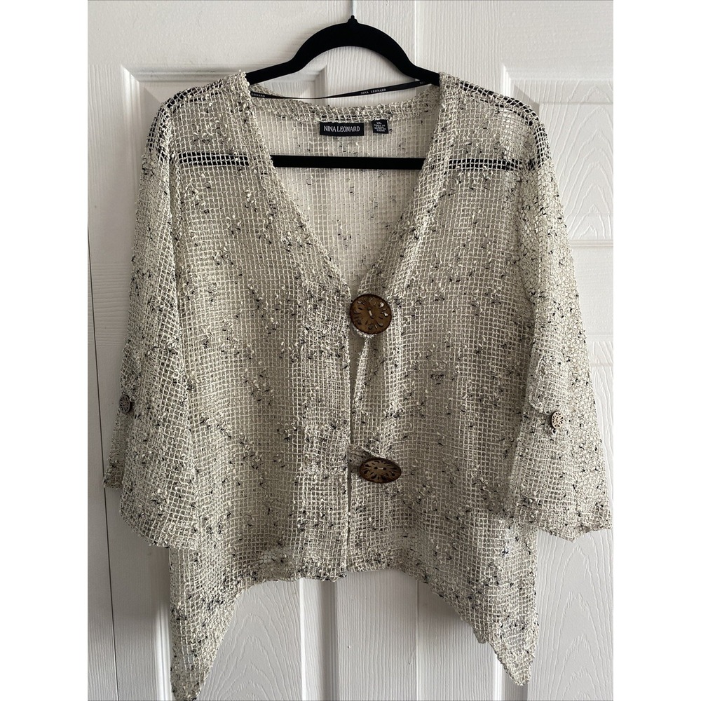 Nina Leonard Open Knit Mesh Cardigan Womens Size XL‎ Cream Boho Festival Minimal